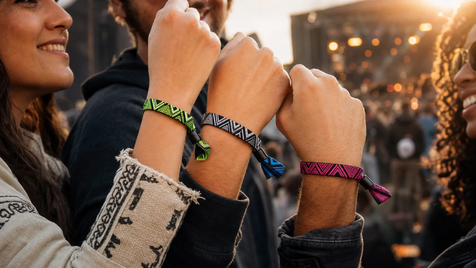 Festival guests showing coordinated premium woven fabric wristbands