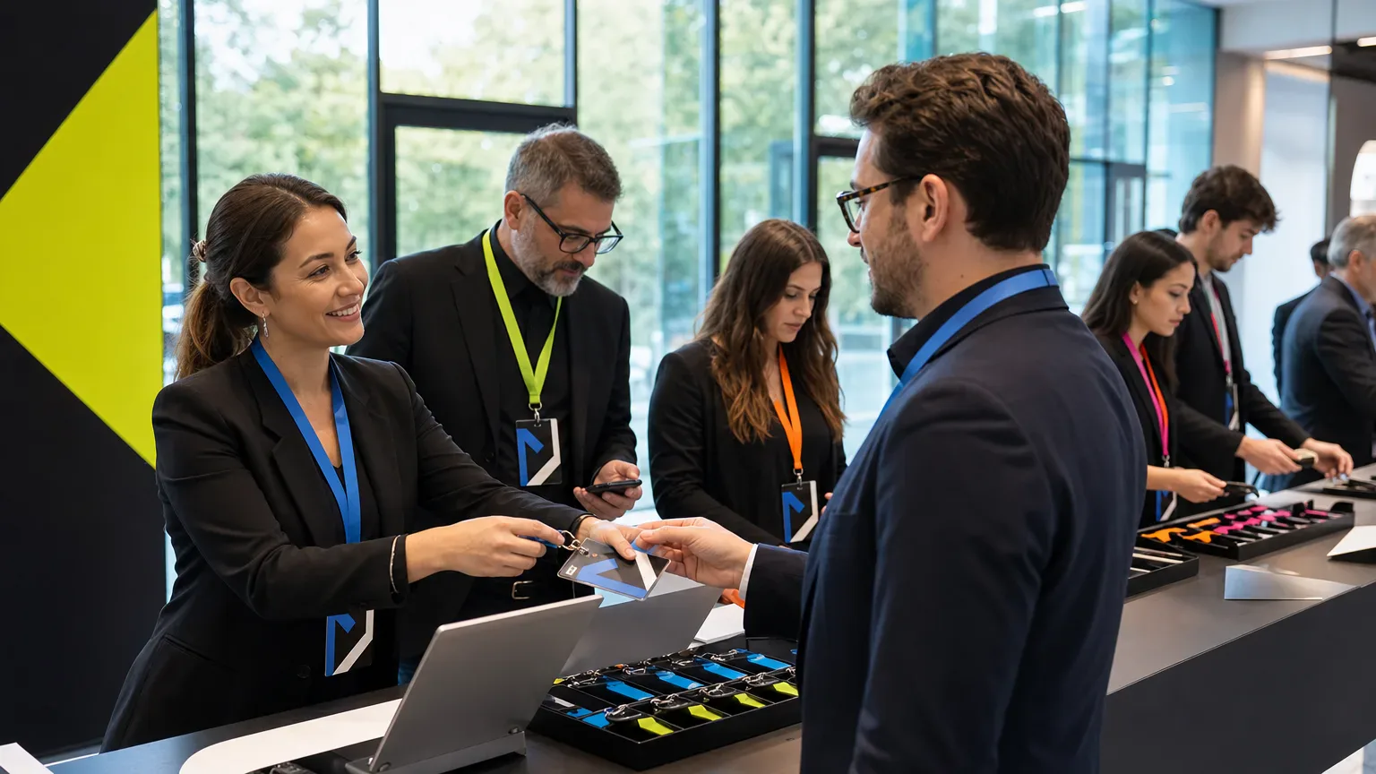 Conference delegates wearing coordinated passes and lanyards