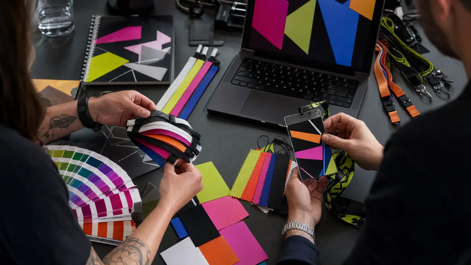 Event-access design desk with wristband samples, color swatches and credentials