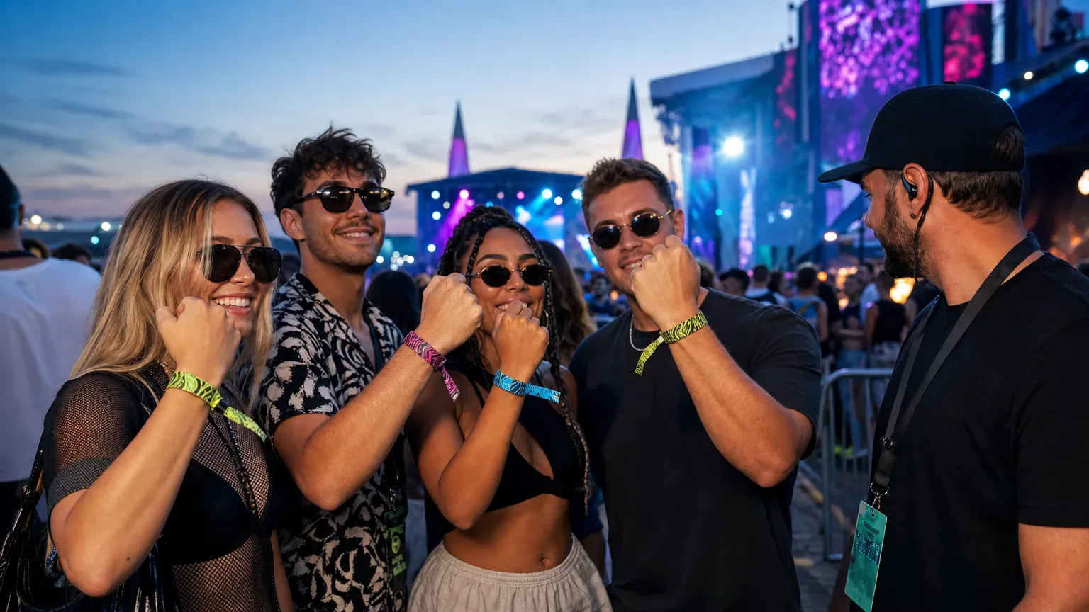 Festival guests showing custom fabric wristbands