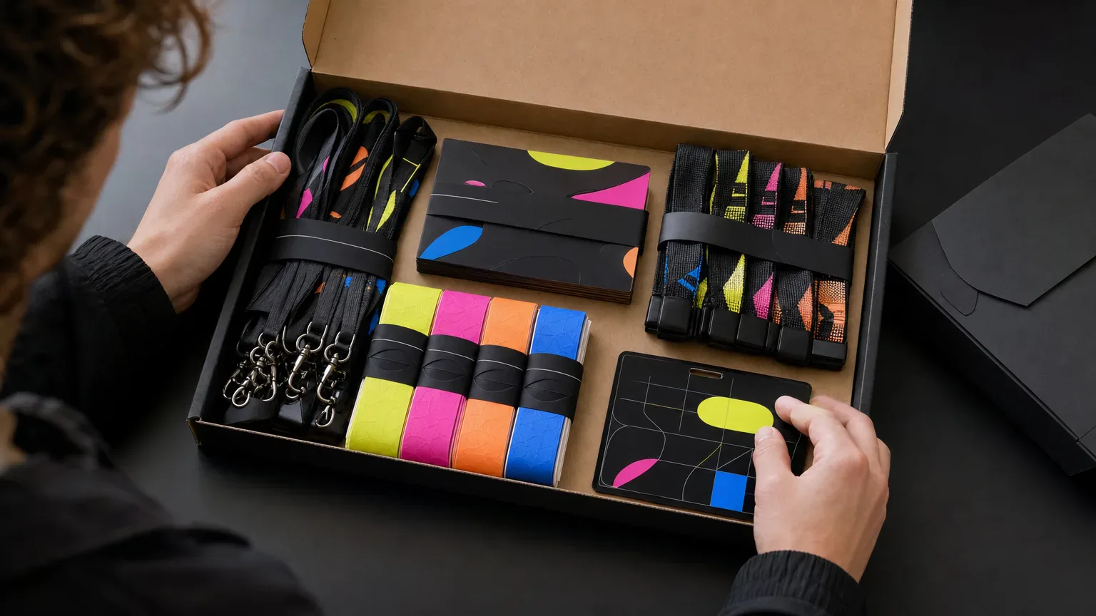 Event wristbands and credentials arranged in sustainable packaging